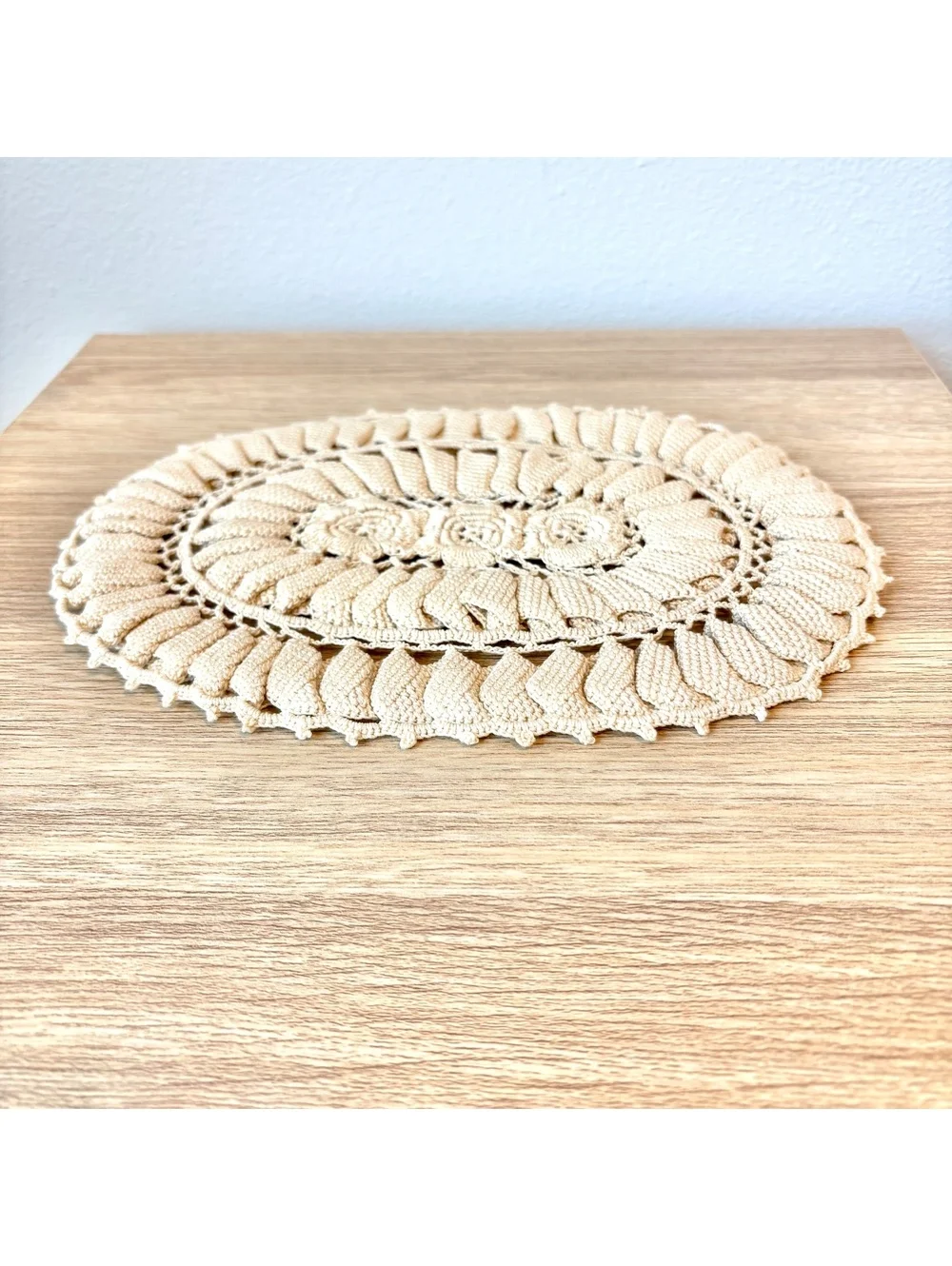 Vintage Handmade Crochet Oval Doily 8x10 Beige Floral Lace Table Centerpiece